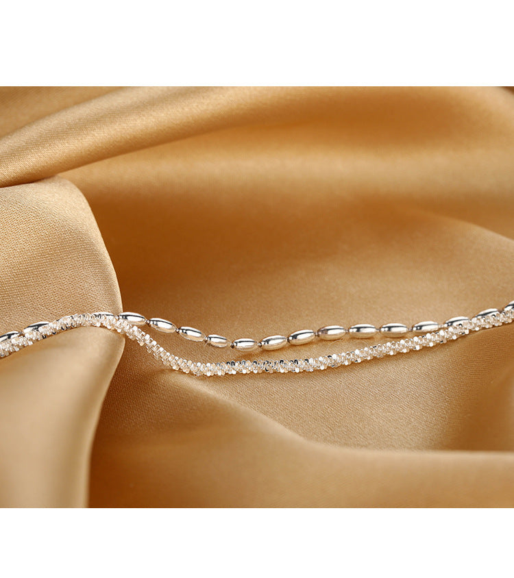 S925 Sterling Silver Double Layer Bracelet, Sparkling Starry Sky Rice Bead Two-Strand Dainty Stack Wrist Chain with Adjustable Extension Chain for Women Minimalist Daily Jewelry