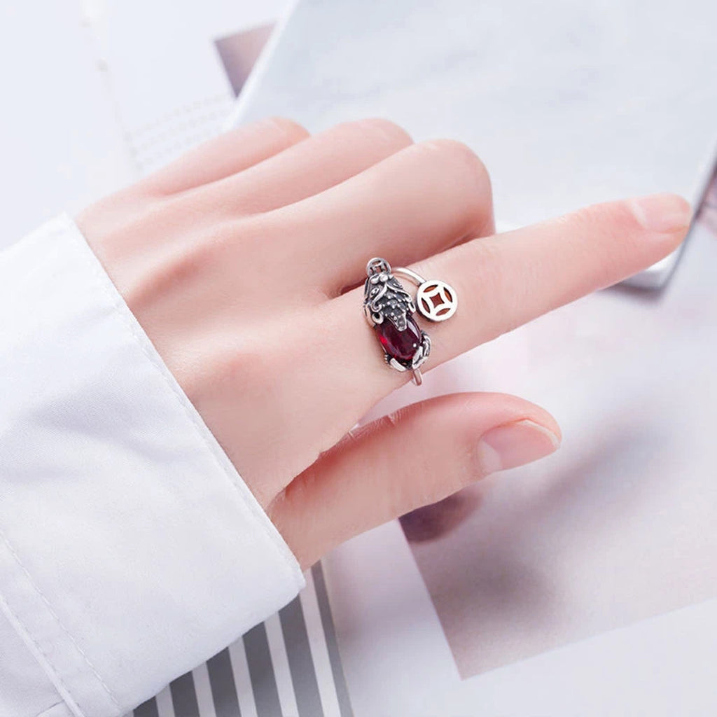 Vintage Pixiu Garnet Open Adjustable Ring, Chinese Lucky Coin Wealth Feng Shui Silver Tone Ring for Women Men