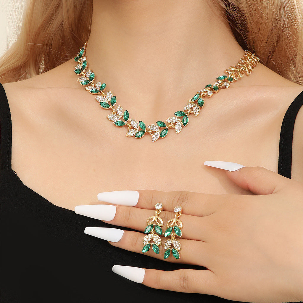 Parure de bijoux en cristal feuille d'émeraude, collier et boucles d'oreilles plaqué or, anti-allergique, ajustable pour mariage, fête ou usage quotidien