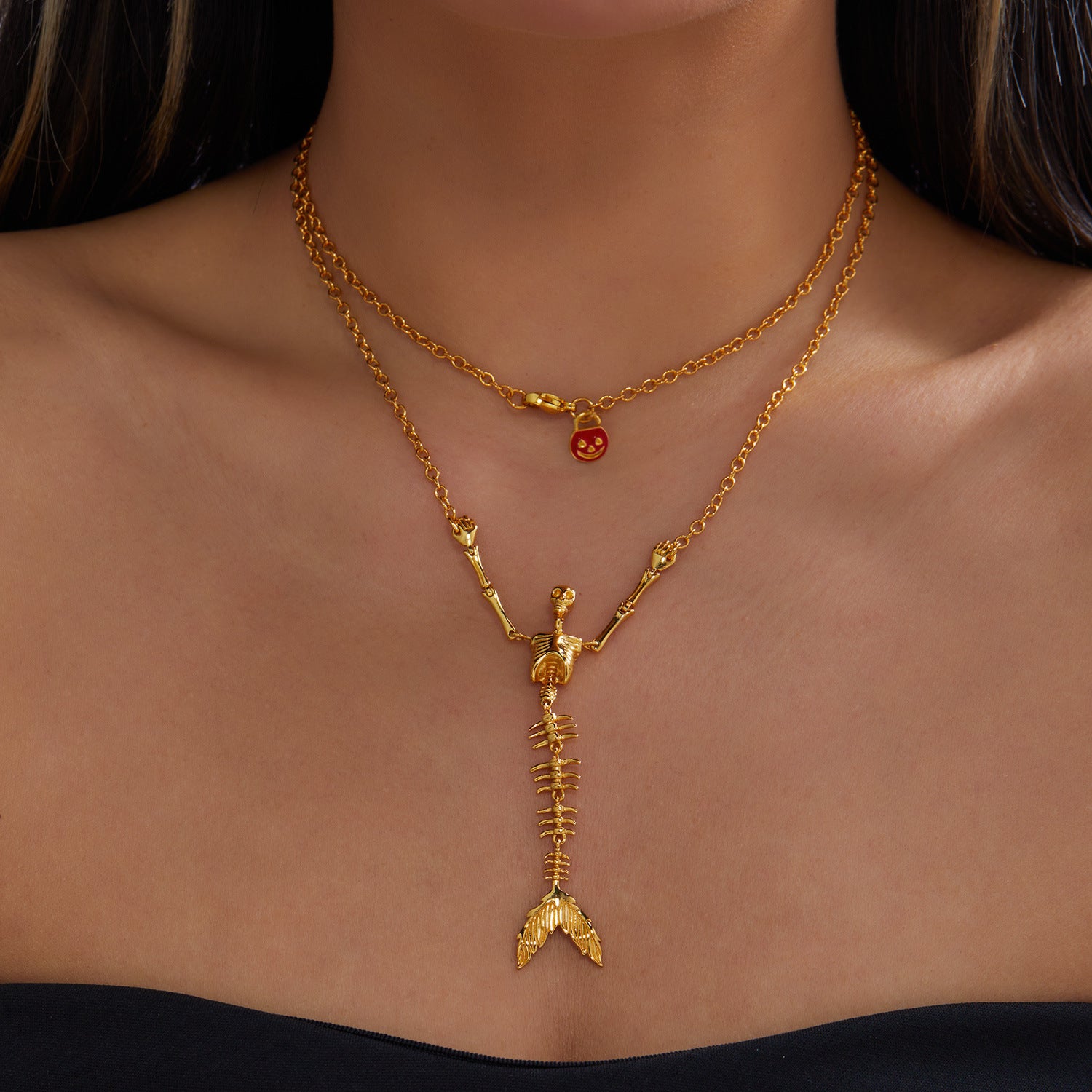 Halloween Golden Skeleton Mermaid Jewelry Set, Skull Mermaid Skeleton Necklace & Dangle Earrings, Pumpkin Smile Face Gothic Mermaid Bone Jewelry, Spooky Halloween Costume Accessory for Women