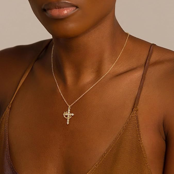 18K Gold Plated Rotatable Crown Cross Pendant Necklace, Stainless Steel Full Paved Cubic Zirconia Adjustable Chain 45+5cm
