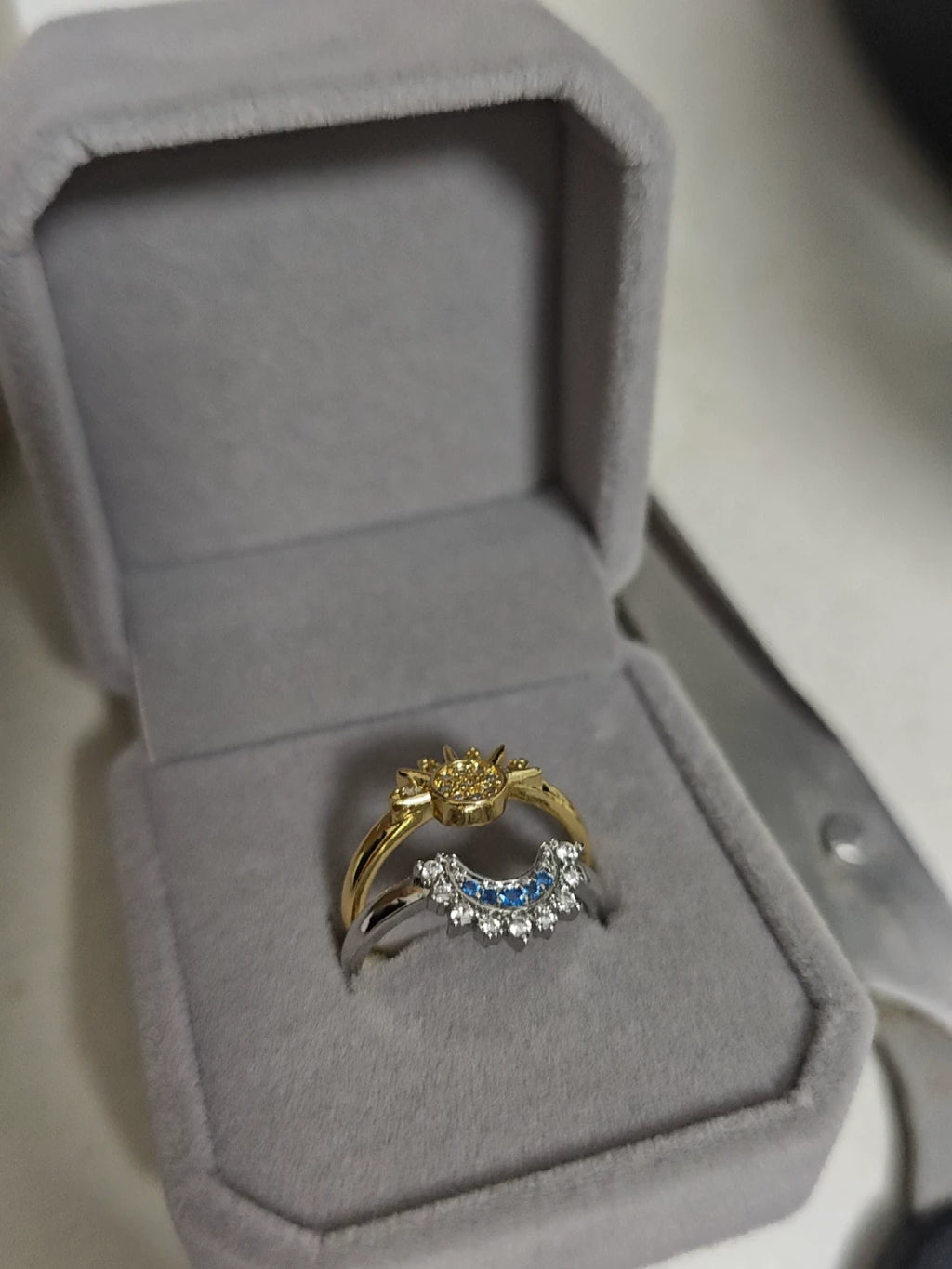 2Pcs Sun Moon Stackable Open Ring Set, Silver & Gold Plated Cubic Zirconia Adjustable Couple Rings