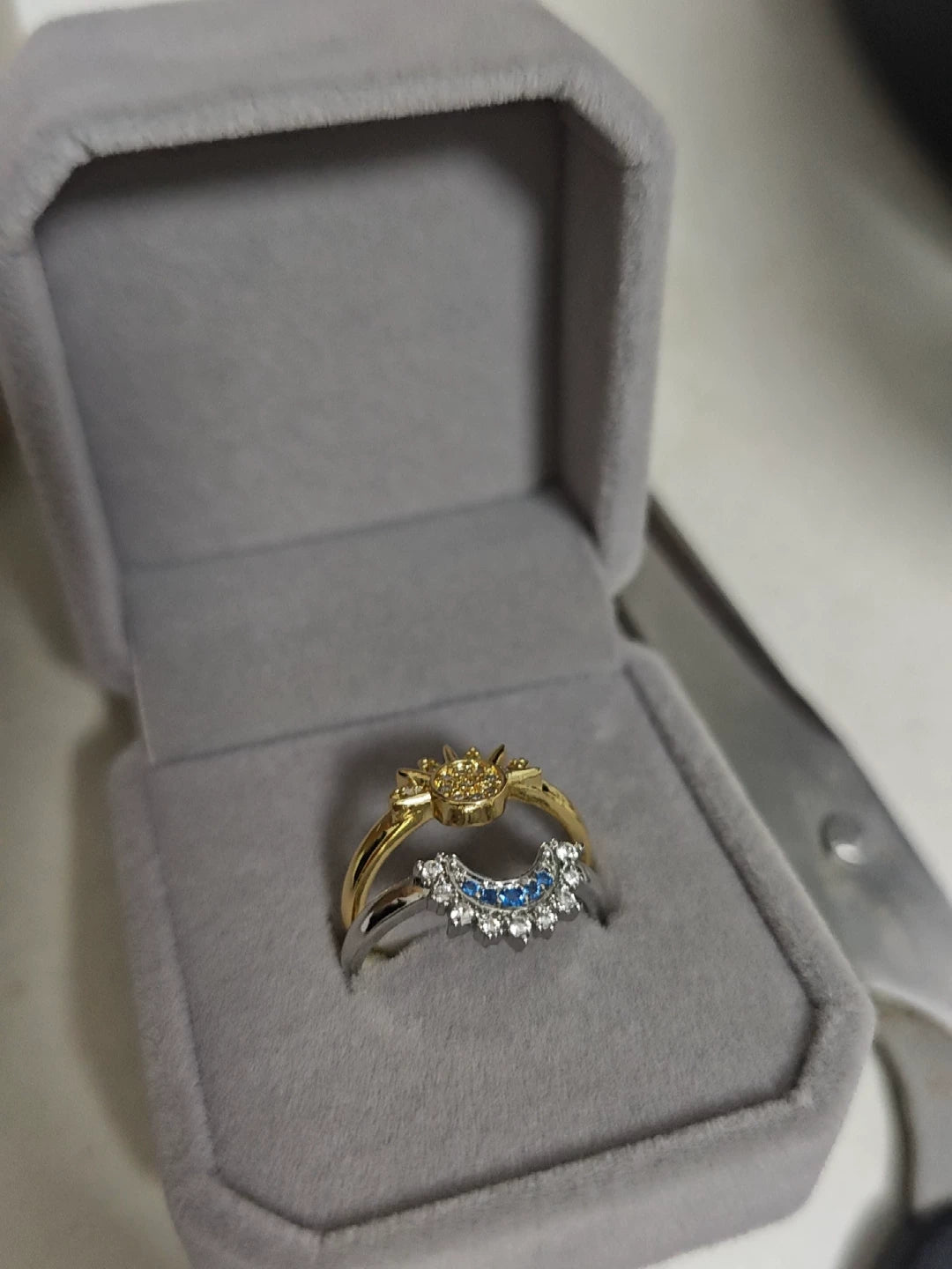 2Pcs Sun Moon Stackable Open Ring Set, Silver & Gold Plated Cubic Zirconia Adjustable Couple Rings