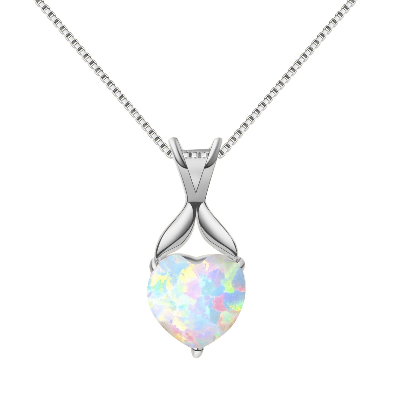 White Gold Plated Heart Opal Pendant Necklace