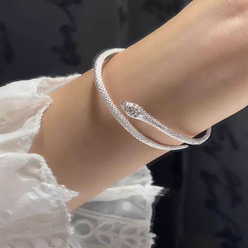 Vintage Open Cuff Snake Bangle Bracelet, Detailed Textured Scale Silver Plated Snake Wrist Cuff with Pink Crystal Eye Gothic Minimalist Jewelry for Women