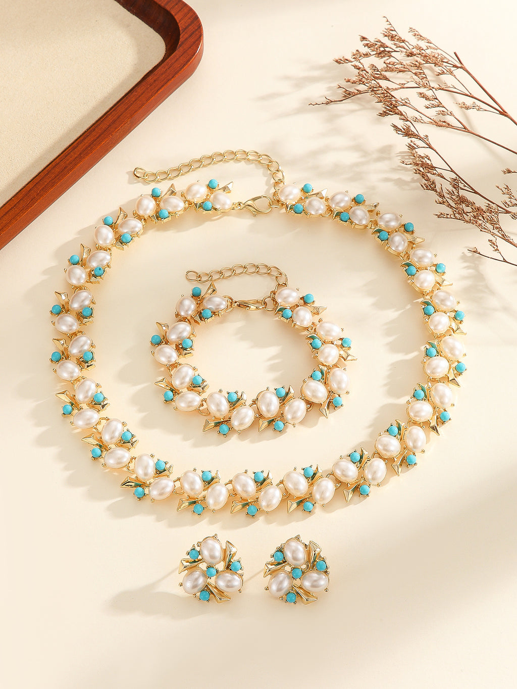 Parure de bijoux 3 pièces plaqué or avec perles d'imitation et cristaux turquoises, collier + bracelet + boucles d'oreilles anti-allergiques pour fête de mariage