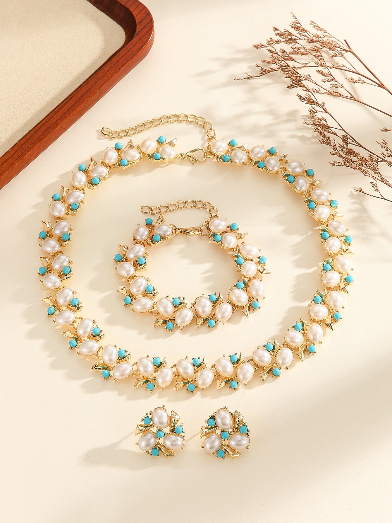 Gold Plated Imitation Pearl & Turquoise Crystal 3Pcs Jewelry Set, Anti-allergy Necklace+Bracelet+Earrings for Wedding Party