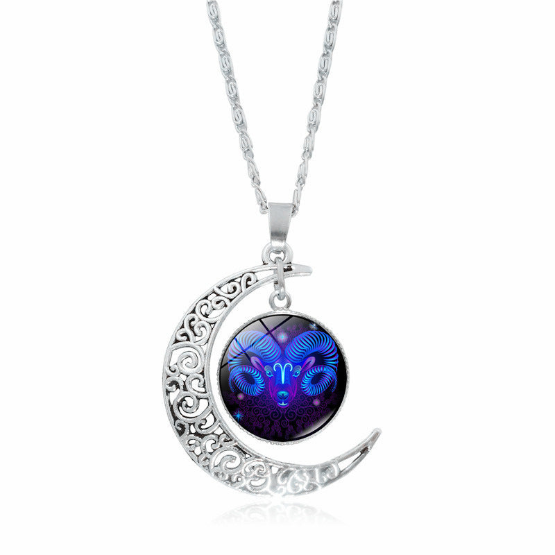 Stainless Steel 12 Constellation Crescent Moon Glass Pendant Necklace noctilucent, Zodiac Sign Time Gem Necklace for man women