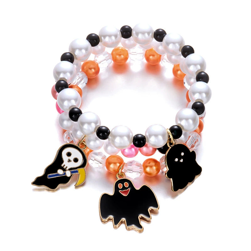 Halloween Cute Ghost Pumpkin Charm Beaded Bracelet Set, 3Pcs Stackable Enamel Charm Stretch Bracelets Witch Bat Mummy Jewelry For Women Kids Party
