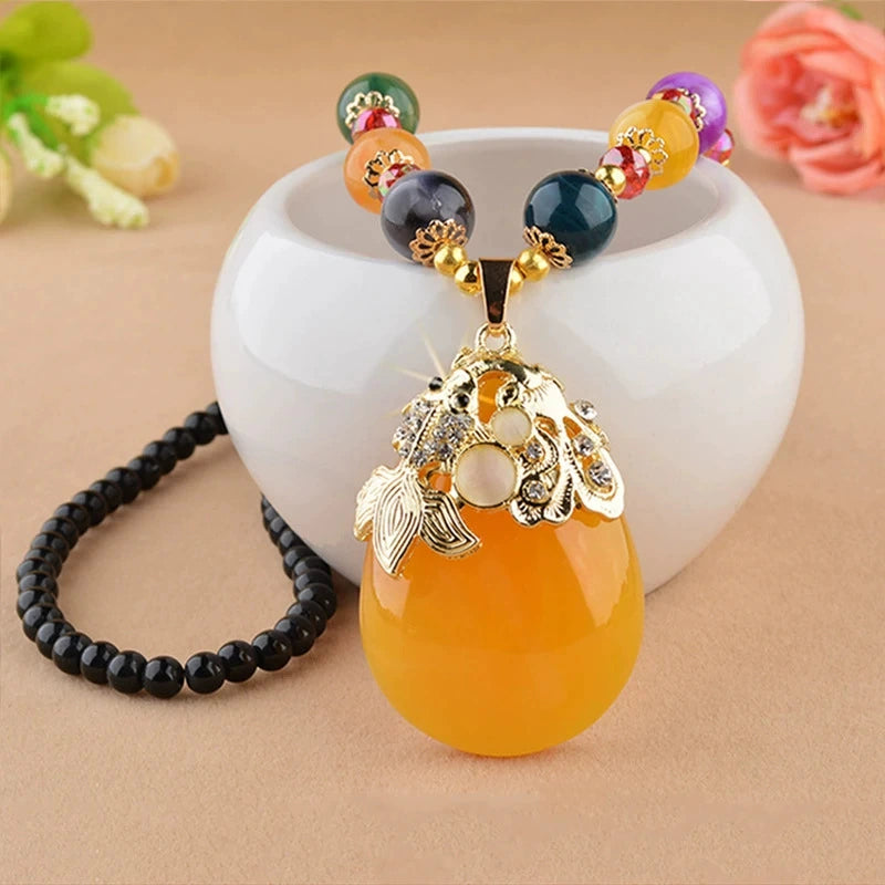 Vintage Teardrop Amber Resin Pendant Sweater Necklace Multi-Color Natural Agate Beaded Chain Gold Plated Hollow Goldfish Rhinestone Frame Chinese Style Layering Jewelry For Women