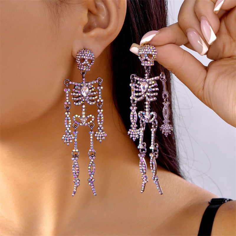 Rhinestone Skeleton Dangle Earrings, Vintage Articulated Skull Drop Earrings Gothic Halloween Party Statement Earrings For Women