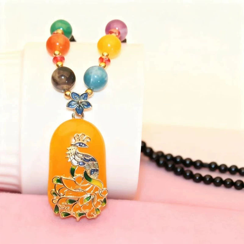 Elegant Big Peacock Pattern Honey Resin Pendant 80CM Multi-Tone Agate & Crystal Bead Long Necklace Anti-Tarnish Gold Plated Chinese Costume Gift Chain