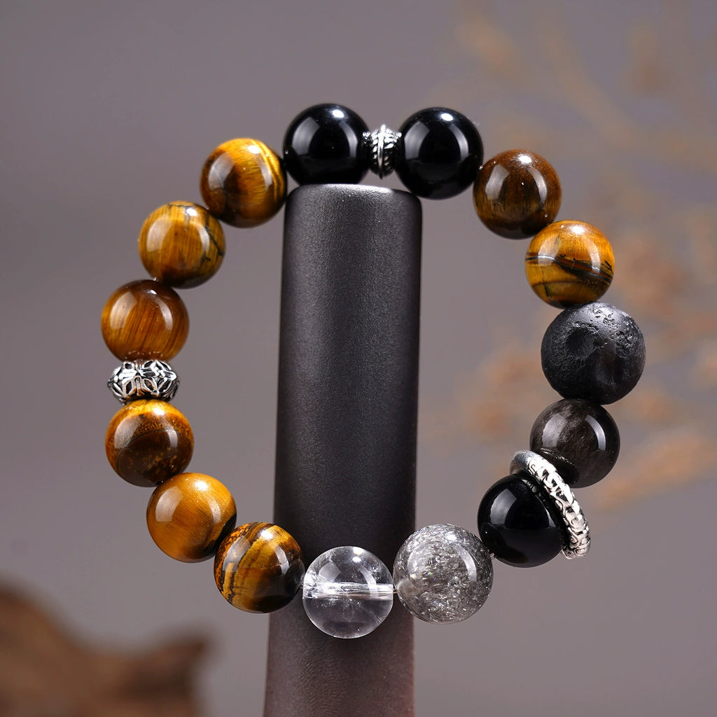 Yellow Tiger Eye Stone Silver Obsidian Planet Bracelet for Couple, Natural Crystal Volcanic Lava Rock Stretch Bracelet, Luck Wealth Protection Jewelry for Him Her