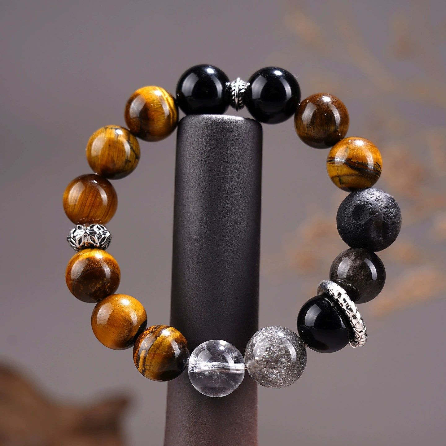 Yellow Tiger Eye Stone Silver Obsidian Planet Bracelet for Couple, Natural Crystal Volcanic Lava Rock Stretch Bracelet, Luck Wealth Protection Jewelry for Him Her