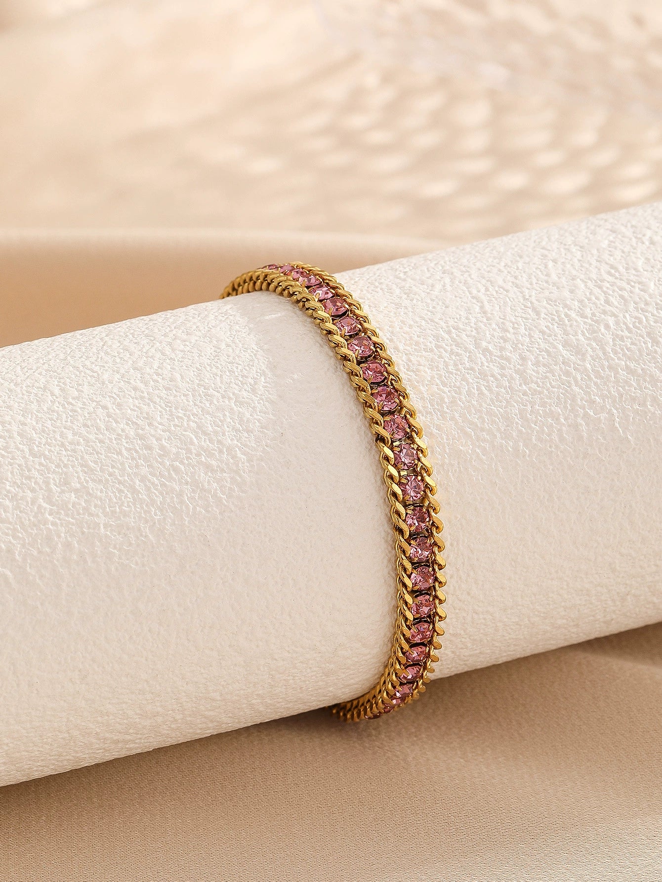 Gold Plated Cuban Link Color Zircon Bracelet, Stainless Steel Hypoallergenic Adjustable Trendy Bangle