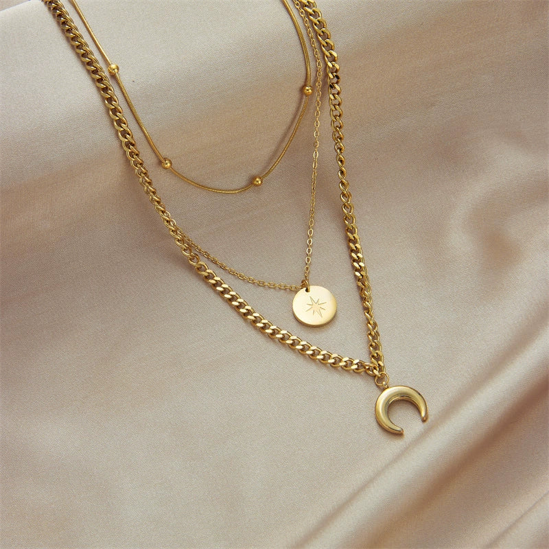 18K Gold Plated Stainless Steel 3 Layered Stackable Necklace, Celestial Star Disc & Moon Pendant Adjustable Chain