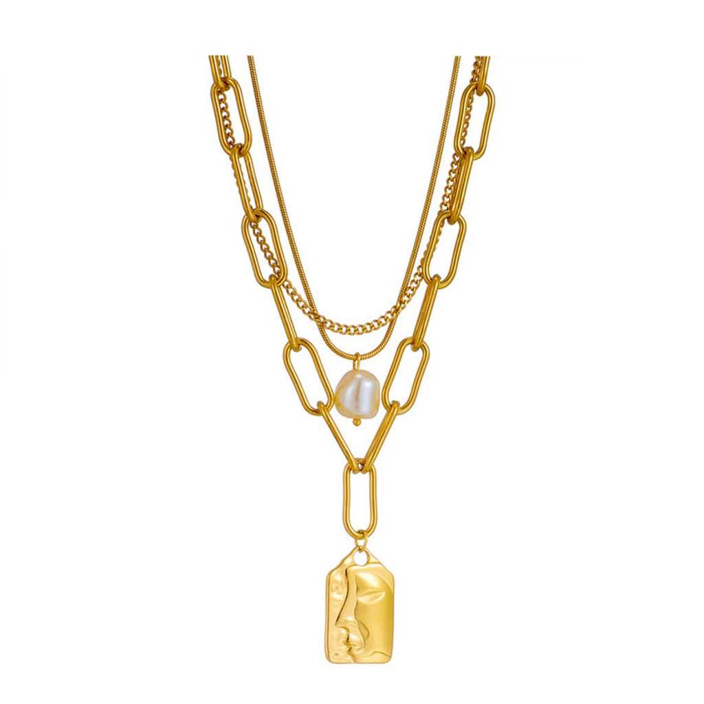 18K Gold Plated Stainless Steel Multi Layer Abstract Face Tag Necklace, Tarnish Resistant Baroque Pearl Stackable Pendant Necklace For Women