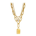 18K Gold Plated Stainless Steel Multi Layer Abstract Face Tag Necklace, Tarnish Resistant Baroque Pearl Stackable Pendant Necklace For Women