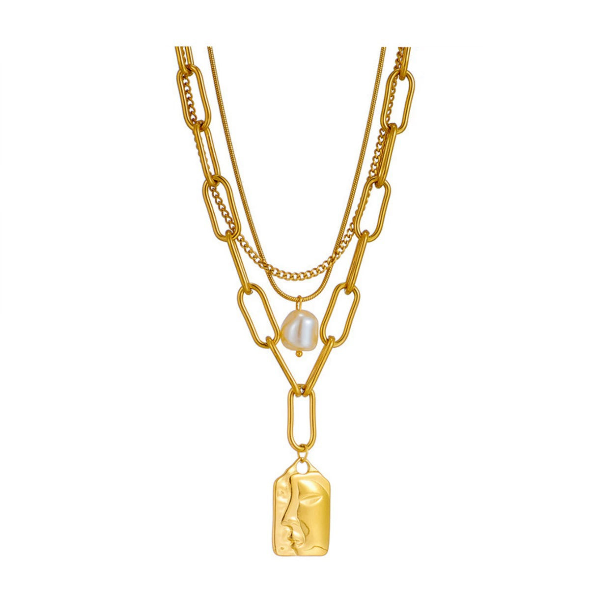 18K Gold Plated Stainless Steel Multi Layer Abstract Face Tag Necklace, Tarnish Resistant Baroque Pearl Stackable Pendant Necklace For Women