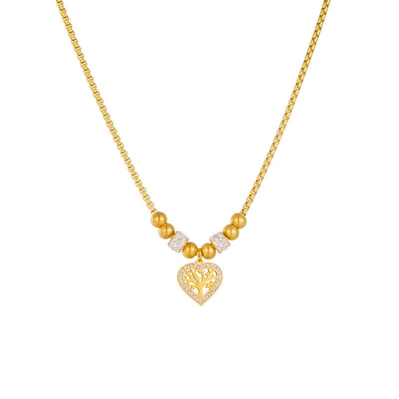 Heart Life Tree Zircon Pendant Necklace, Gold Plated Stainless Steel Hypoallergenic Bead Choker