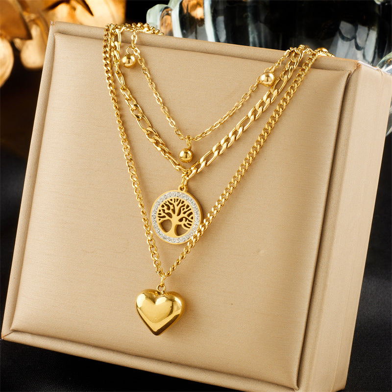 18K Gold Plated Stainless Steel Multi Layer Heart & Tree of Life Pendant Necklace, Tarnish Resistant Crystal Stackable Necklace For Women