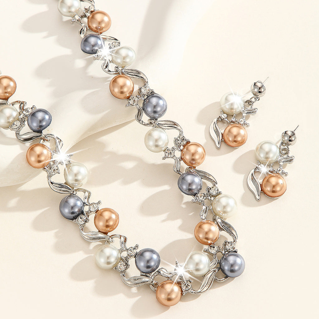 Ensemble de bijoux multicolores en fausses perles et cristal, collier ras-de-cou et boucles d'oreilles pendantes hypoallergéniques en forme de feuille, plaqués argent/or, pour occasions formelles
