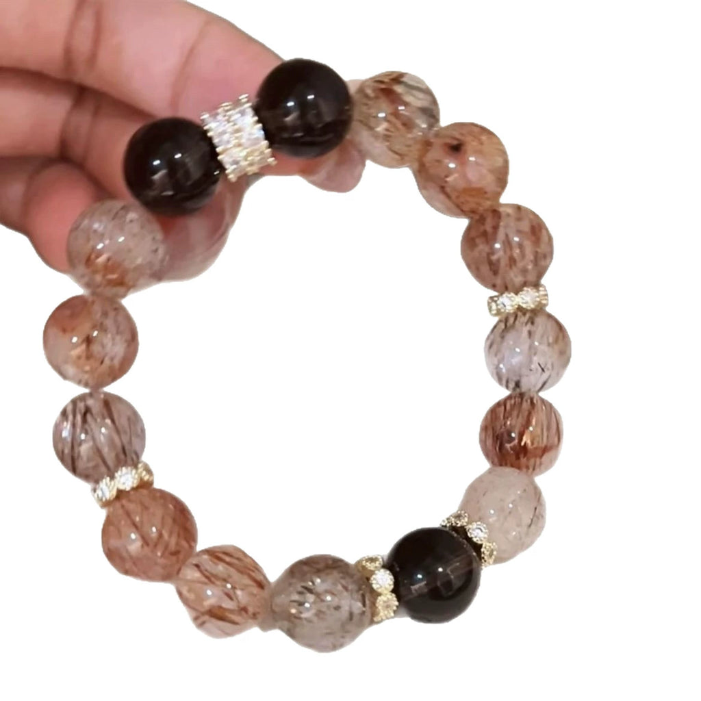 Vintage Black Gold Crystal Bracelet Natural Red Hair Rutilated Quartz Smoky Quartz Bracelet Energy Healing Crystal Bracelet for Daily Wear & Gifting