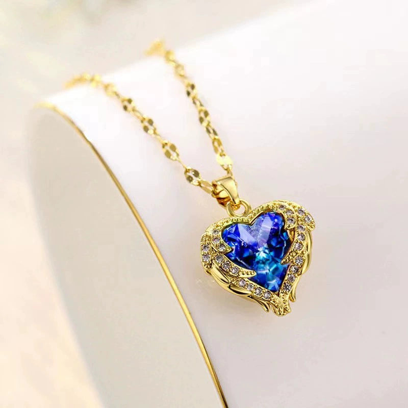 Stainless Steel Angel Wing Heart Crystal Pendant Necklace, 40+5cm Extendable Chain Two Tone