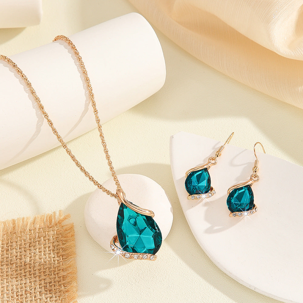 Teardrop Blue Crystal Pendant Necklace & Hook Earring Jewelry Set, Hypoallergenic Zinc Alloy