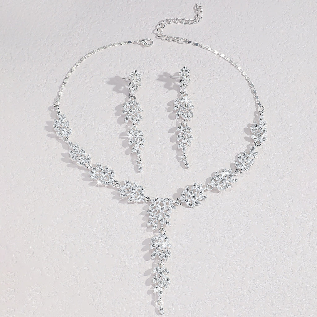 Parure de bijoux en zircon cubique en forme de feuille | Collier et boucles d'oreilles pendantes, hypoallergénique 3 couleurs