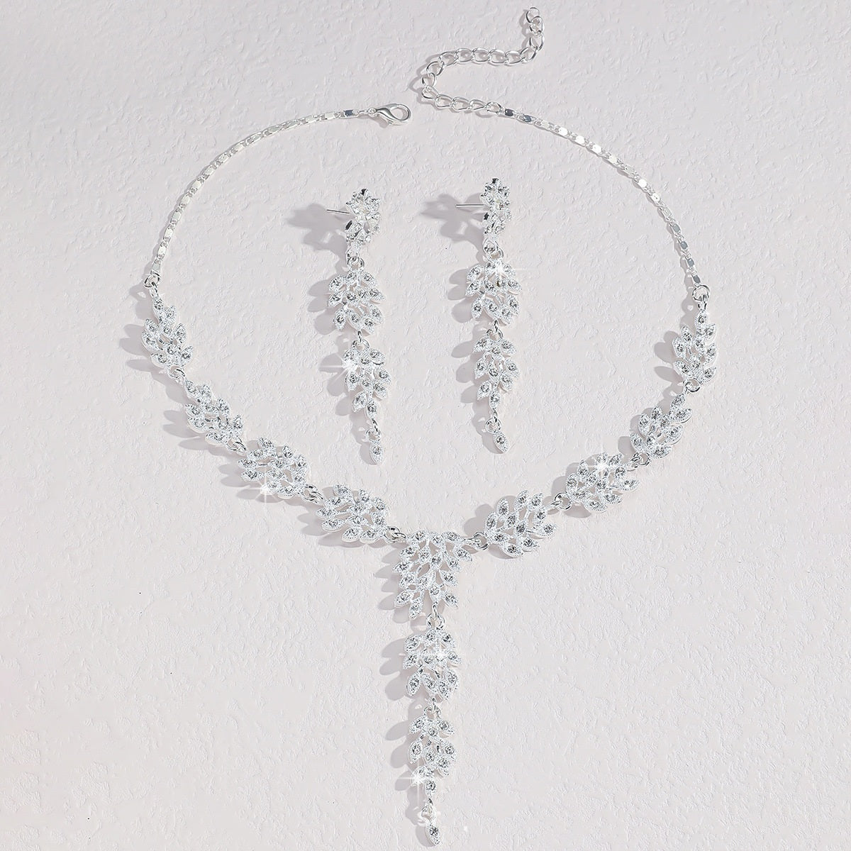 Leaf Shape Cubic Zirconia Jewelry Set | Necklace & Drop Earrings, Hypoallergenic 3 Colors