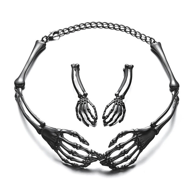 Gothic Skeleton Hand Jewelry Set, Vintage Skull Bone Choker Necklace & Drop Earrings Set Halloween Punk Statement Jewelry For Women