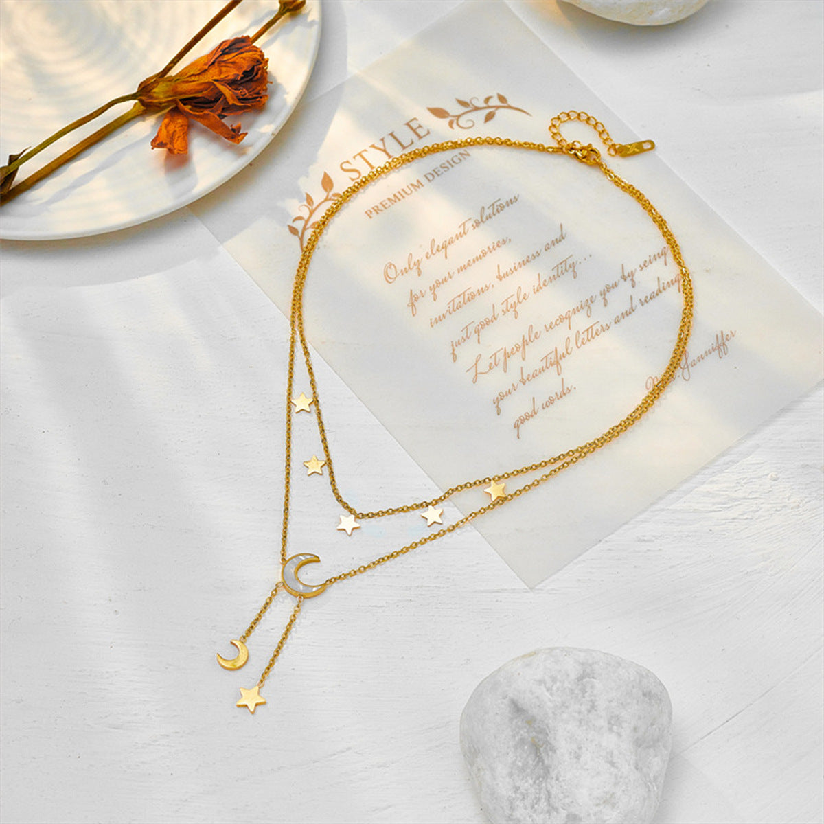 Double Layer Star Moon Titanium Steel Necklace, Shell Inlay Hypoallergenic Layering Choker