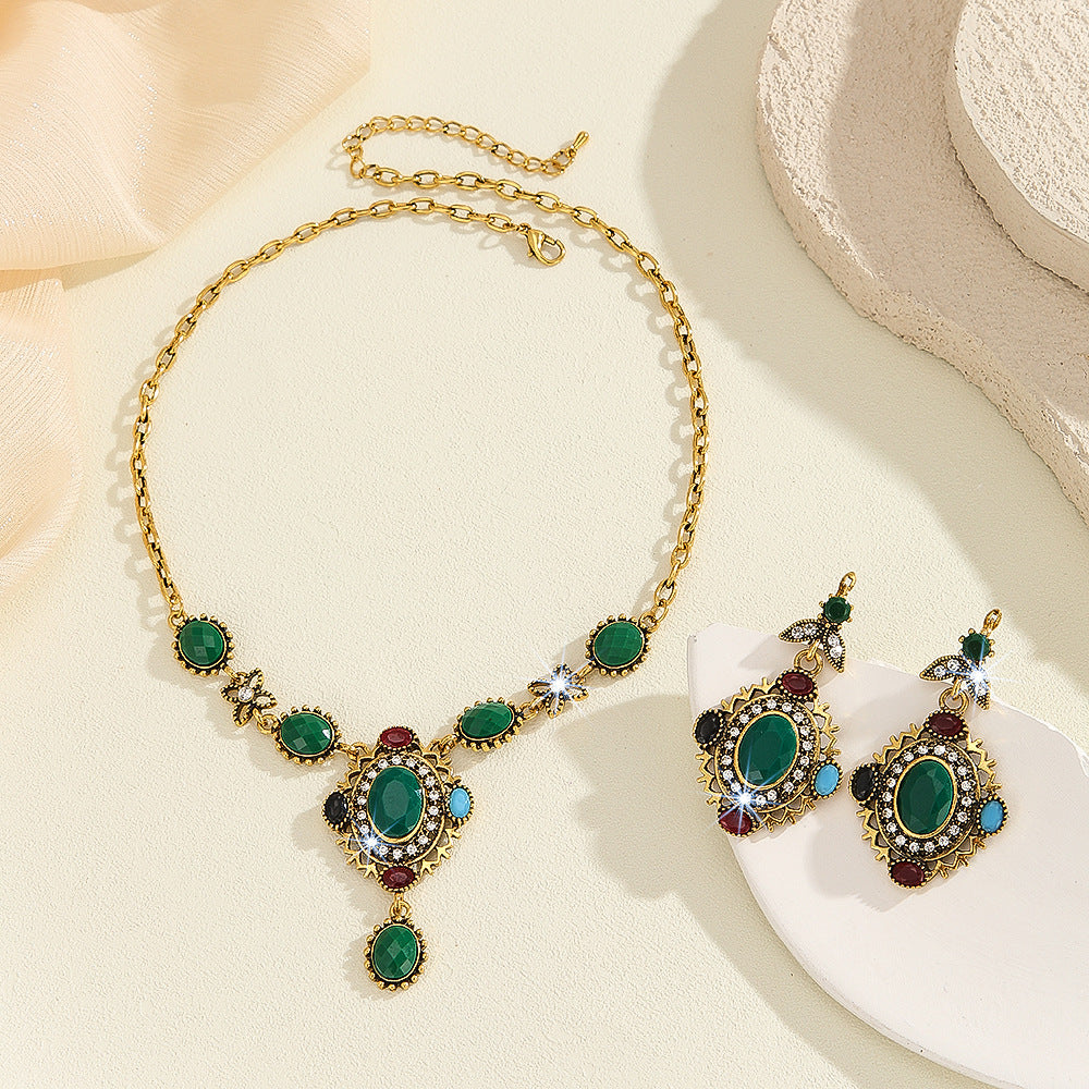 Bohemian Multi-Color Resin Crystal Jewelry Set, Antique Gold Necklace & Drop Dangle Earrings
