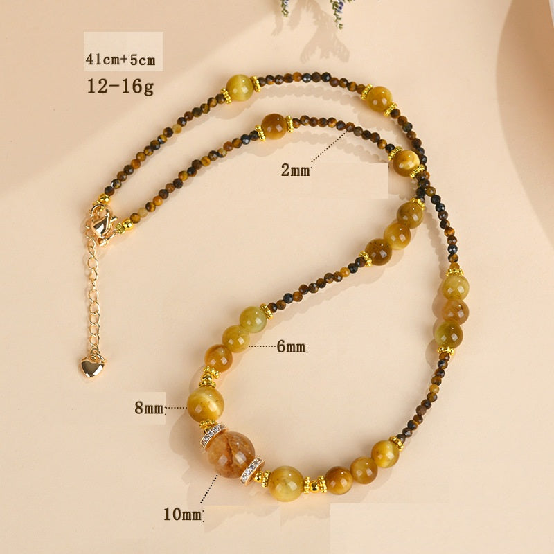 Natural Golden Tiger Eye & Yellow Rutilated Quartz Choker Necklace for Women, Dainty Beaded Tiger Eye Stone Collarbone Necklace with Extension Chain, Crystal Healing Jewelry Gift