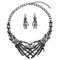 Halloween Gothic Rhinestone Skeleton Hand Jewelry Set, Interlaced Skull Bone Statement Necklace & Drop Earrings, Dark Punk Alloy Costume Accessories for Women