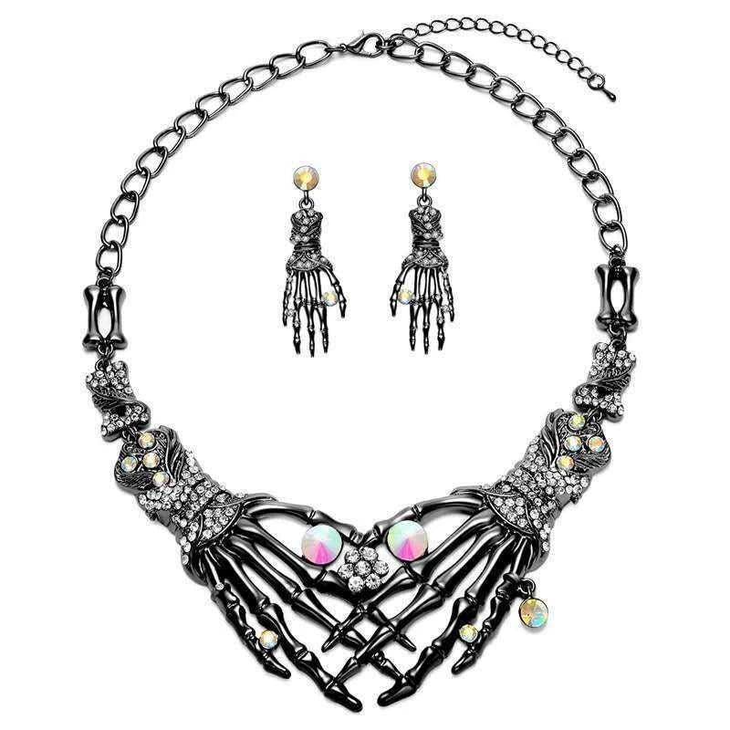 Halloween Gothic Rhinestone Skeleton Hand Jewelry Set, Interlaced Skull Bone Statement Necklace & Drop Earrings, Dark Punk Alloy Costume Accessories for Women