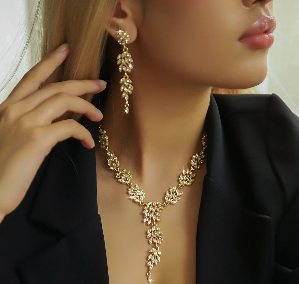 Leaf Shape Cubic Zirconia Jewelry Set | Necklace & Drop Earrings, Hypoallergenic 3 Colors