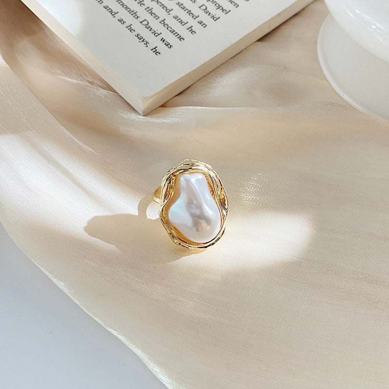 Vintage Irregular Baroque Pearl Open Adjustable Ring, Gold Silver Plated Chunky Statement Finger Ring