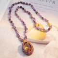 Color Changing Purple Sultan Stone Pendant Sweater Necklace Natural Amethyst Chip Beaded Chain Gold Plated Rhinestone Halo Women Luxury Jewelry