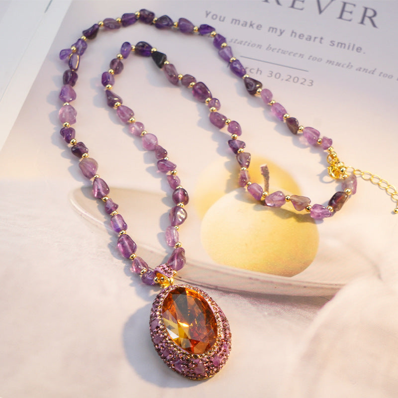 Color Changing Purple Sultan Stone Pendant Sweater Necklace Natural Amethyst Chip Beaded Chain Gold Plated Rhinestone Halo Women Luxury Jewelry