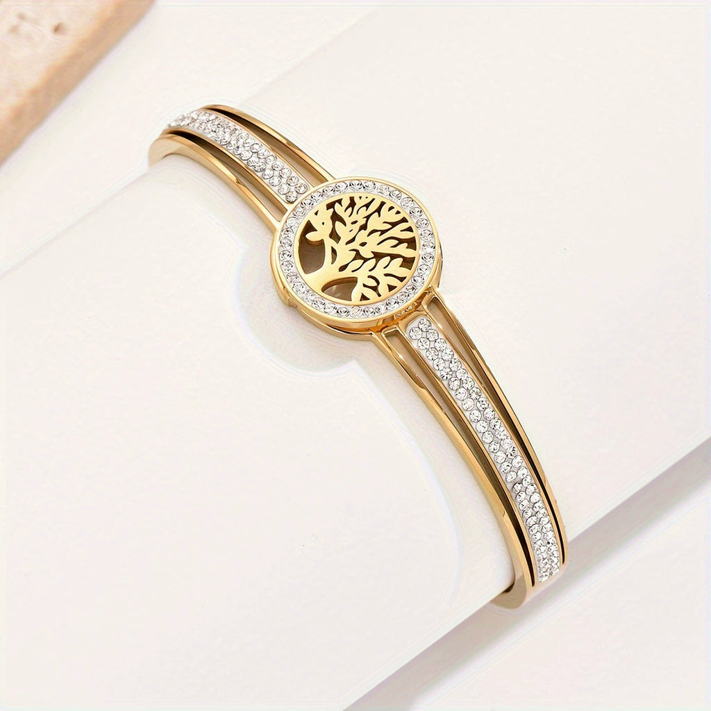 Life Tree Hollow Zircon Inlaid Bangle, Gold Plated Stainless Steel Hypoallergenic Spring Bracelet