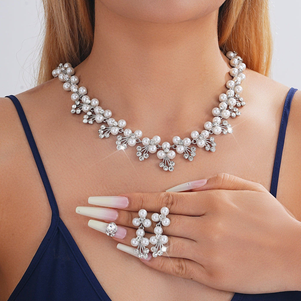 Conjunto de joyas de novia de perlas y circonitas cúbicas | Collar y pendientes colgantes, hipoalergénico oro/plata