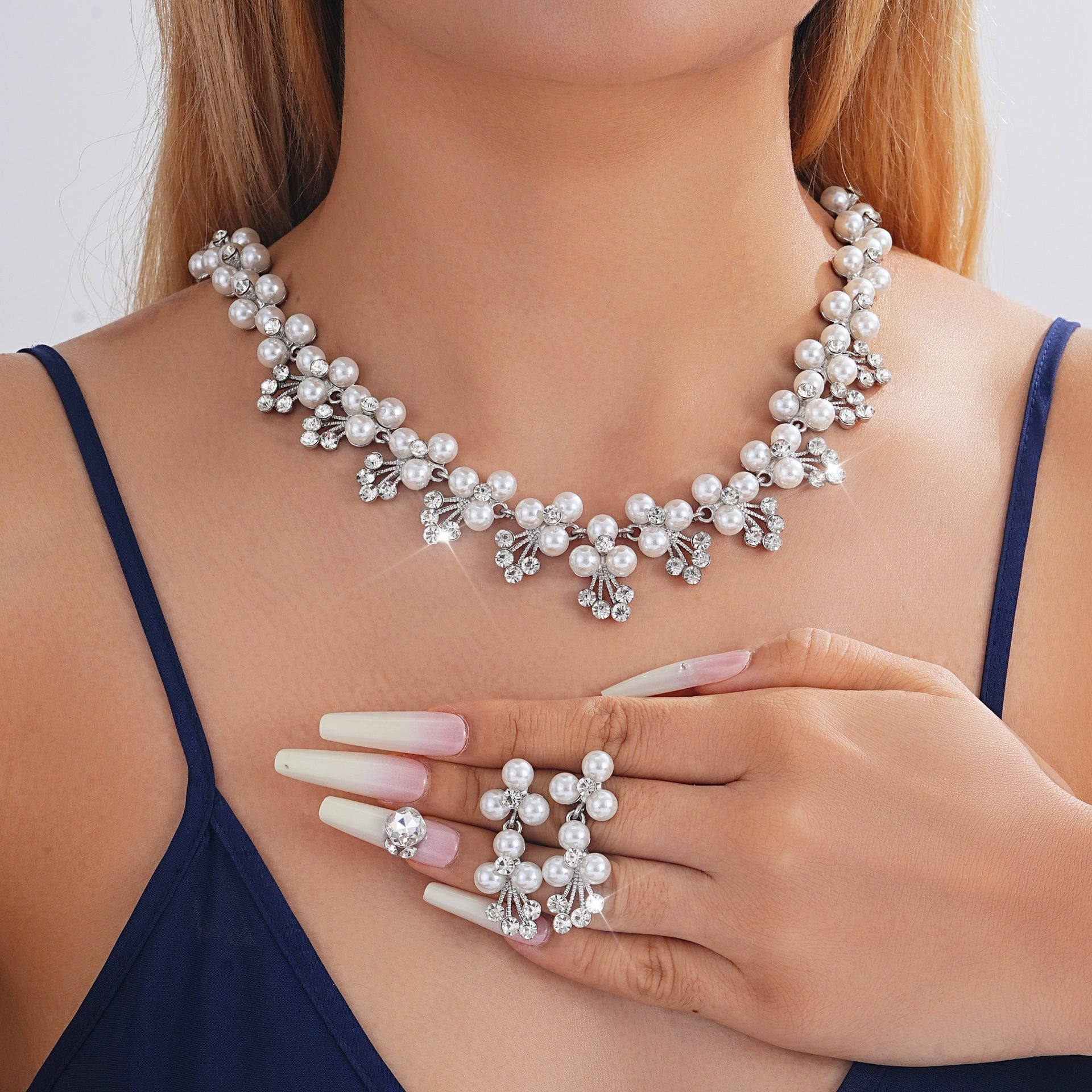 Pearl & Cubic Zirconia Bridal Jewelry Set | Necklace & Drop Earrings, Hypoallergenic Gold/Silver