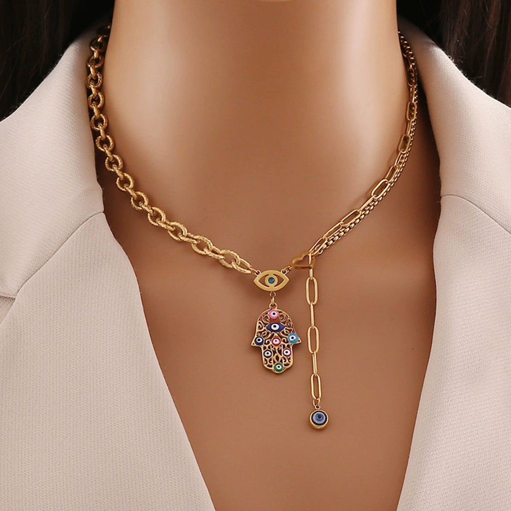 Boho Colorful Enamel Hamsa Hand Evil Eye Pendant Necklace, 18K Gold Plated Stainless Steel Chunky Link Chain Protection Charm Necklace For Women
