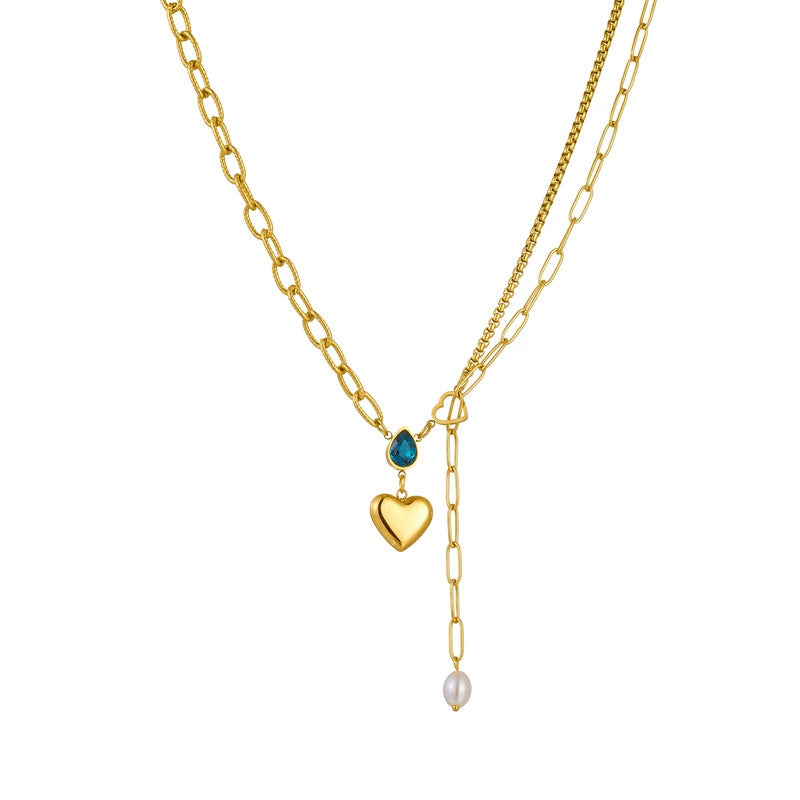 Asymmetric Heart Blue Zircon Pearl Necklace, Titanium Steel Y-drop Hypoallergenic Choker