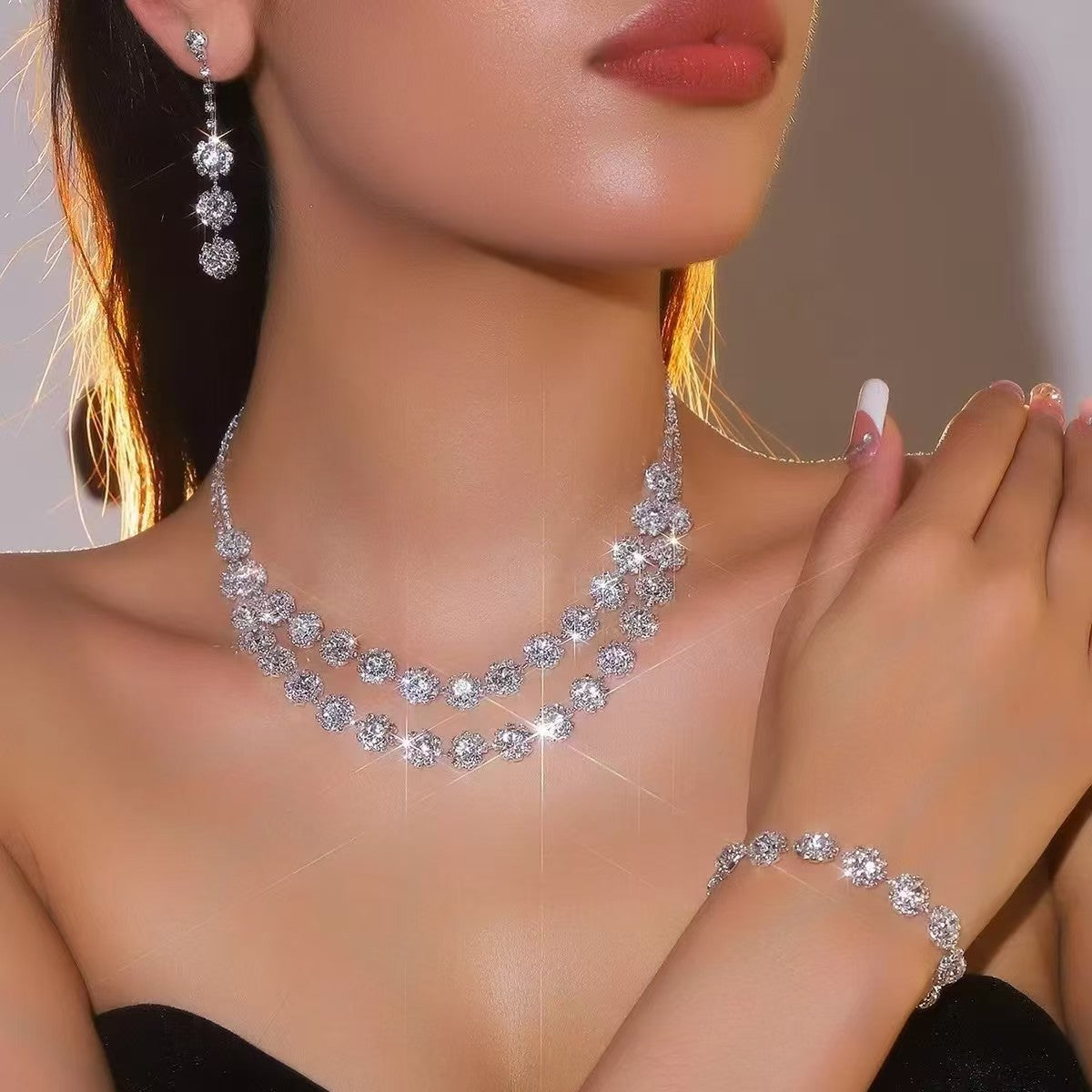 Double Layer Floral Zircon Jewelry Set, Necklace Earrings Bracelet Hypoallergenic