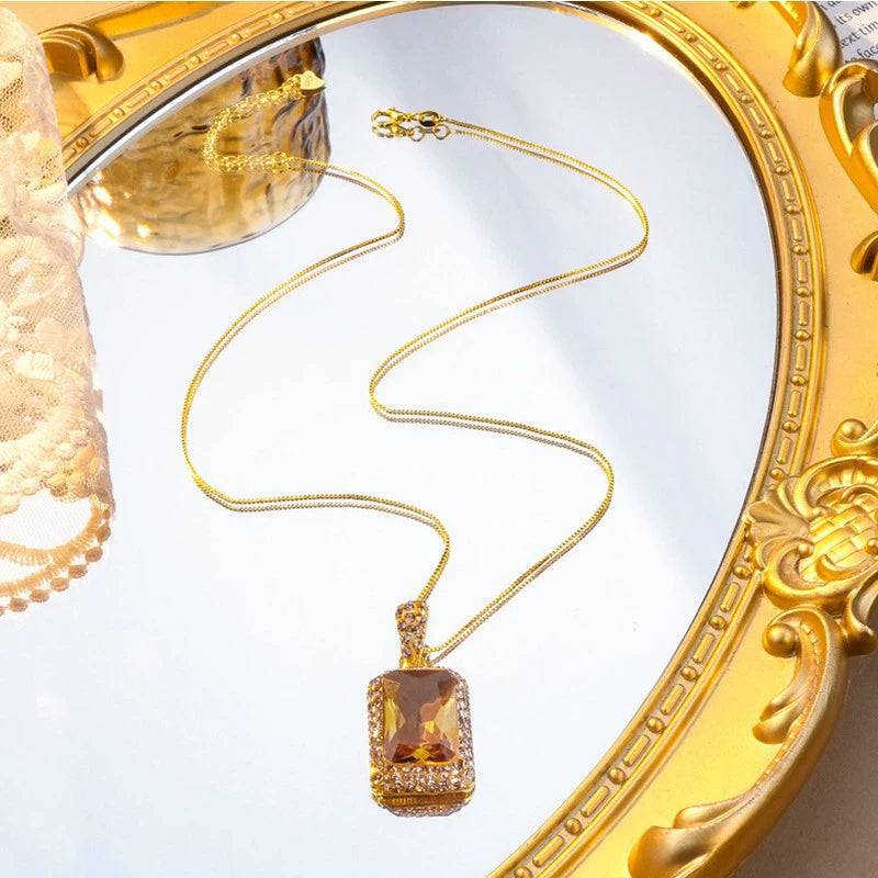 Mood Color Change Sunstone Sultanite Pendant Necklace Champagne Orange Rectangle Gem Micro Zircon Wrapped Gold Plated Dainty Snake Chain Elegant Ladies Gift Necklace