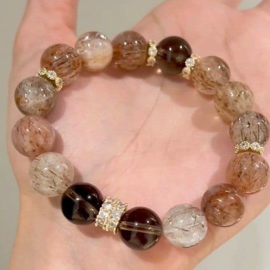 Vintage Black Gold Crystal Bracelet Natural Red Hair Rutilated Quartz Smoky Quartz Bracelet Energy Healing Crystal Bracelet for Daily Wear & Gifting