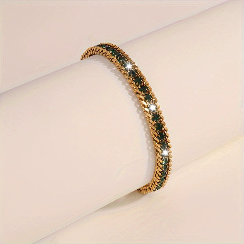 Gold Plated Cuban Link Color Zircon Bracelet, Stainless Steel Hypoallergenic Adjustable Trendy Bangle